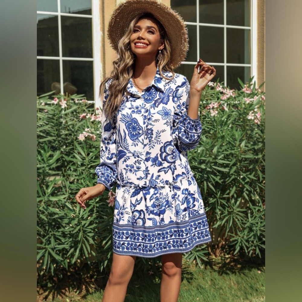 SHEIN Floral Blue and White Smock Dress
